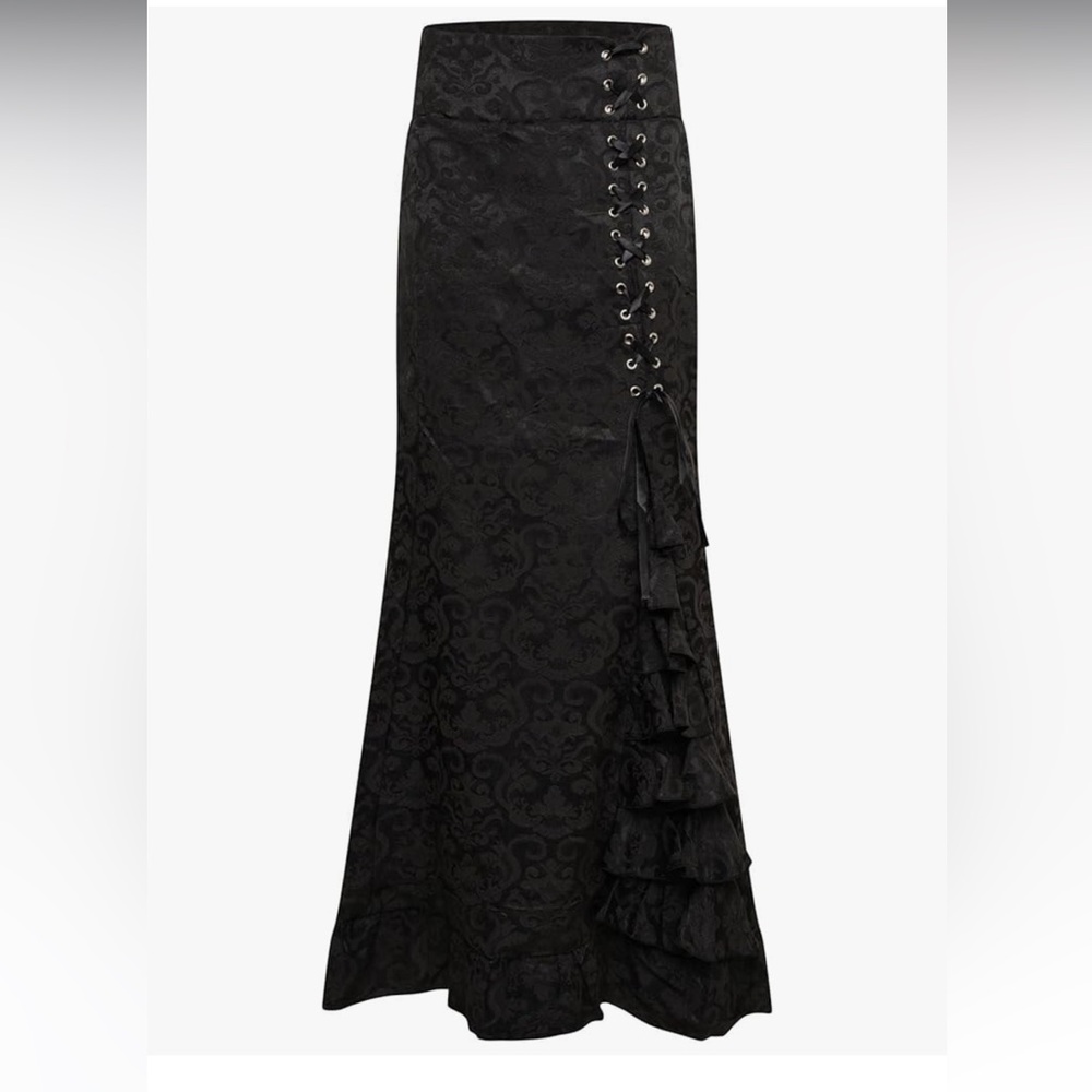 Brocade Black Maxi Skirt with Ruffled Slit and Lace Up Detail